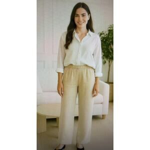 Pure J Jill 100% Linen Women medium tall Pull On Pants Tan cozy boho relaxed NWT